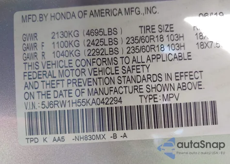 2019 Honda Cr-V Ex z USA, uszkodzony, nr VIN 5J6RW1H55KA042294